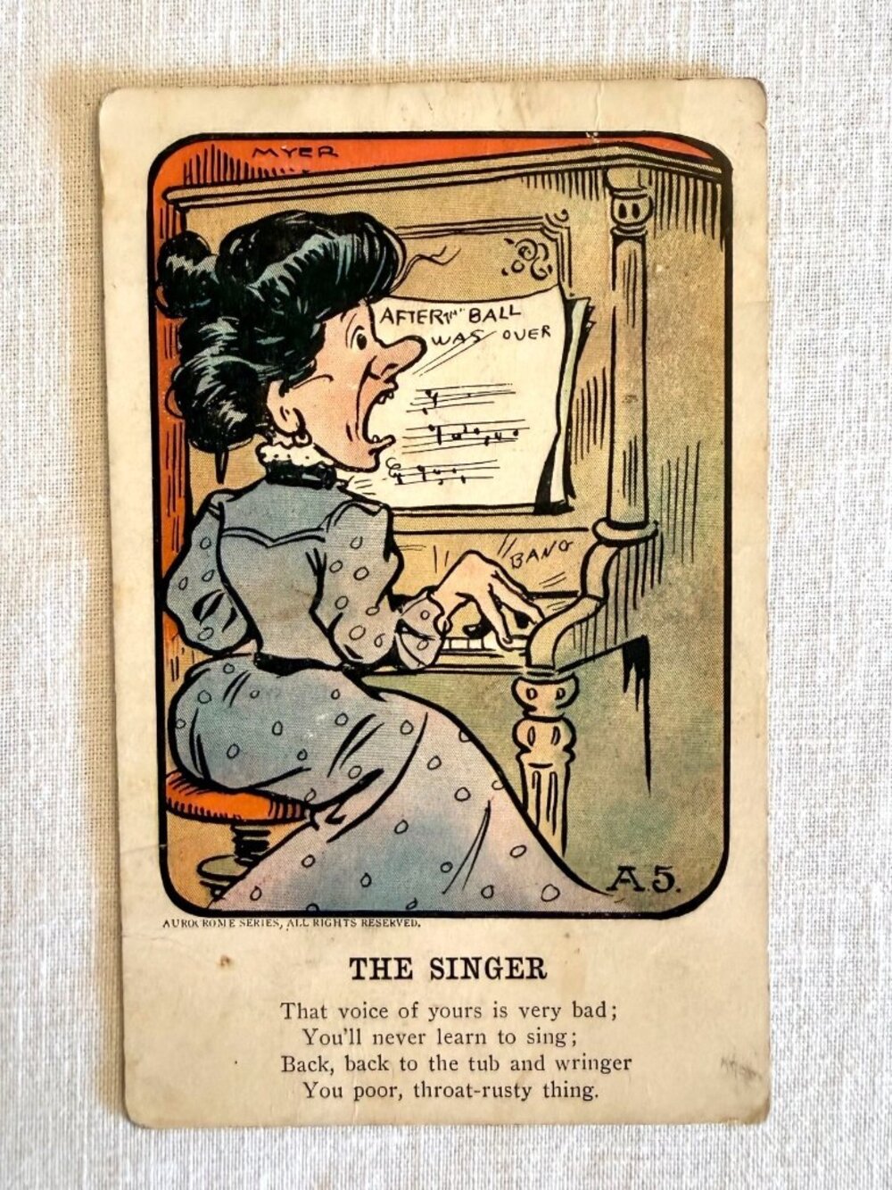 1907 Antique Postcard The Singer Myer Aurochrome Music Humor Rose Company